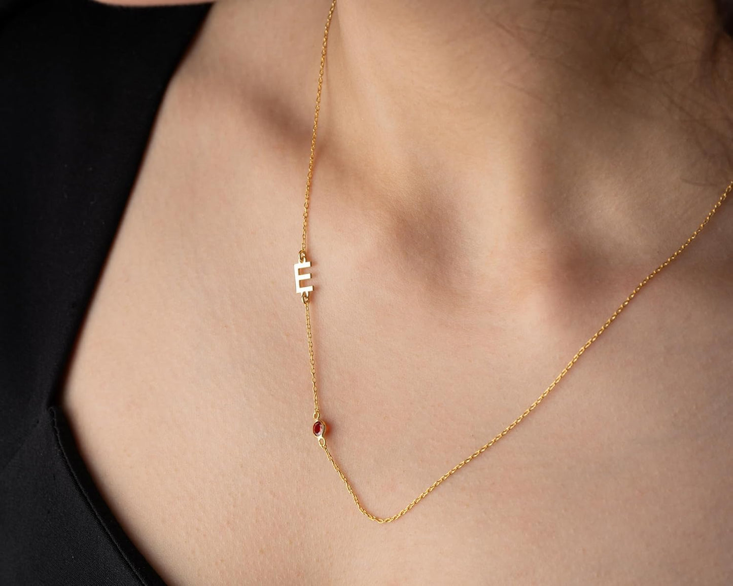 Initial Necklace with Birthstone, Letter Necklace Initial Birthstone