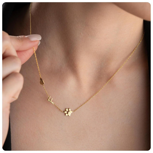 Personalized Dainty Initial Paw Necklace, 925 Sterling Silver