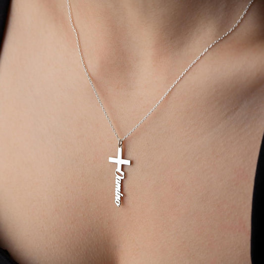 Personalized Cross with Baptismal Cross Name Necklace, 925 Sterling Silver