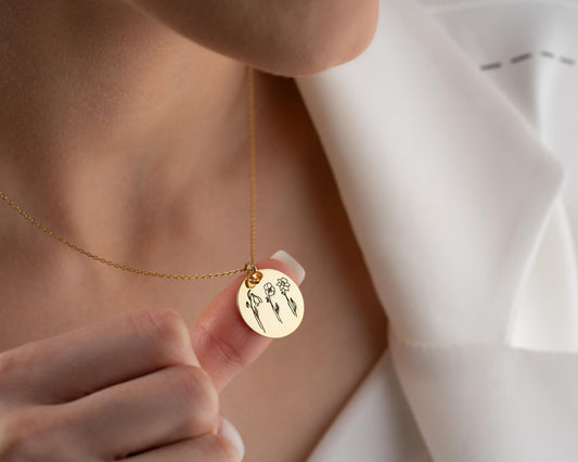 Custom Birth Flower Name Necklace with Birthstone, 925 Sterling Silver