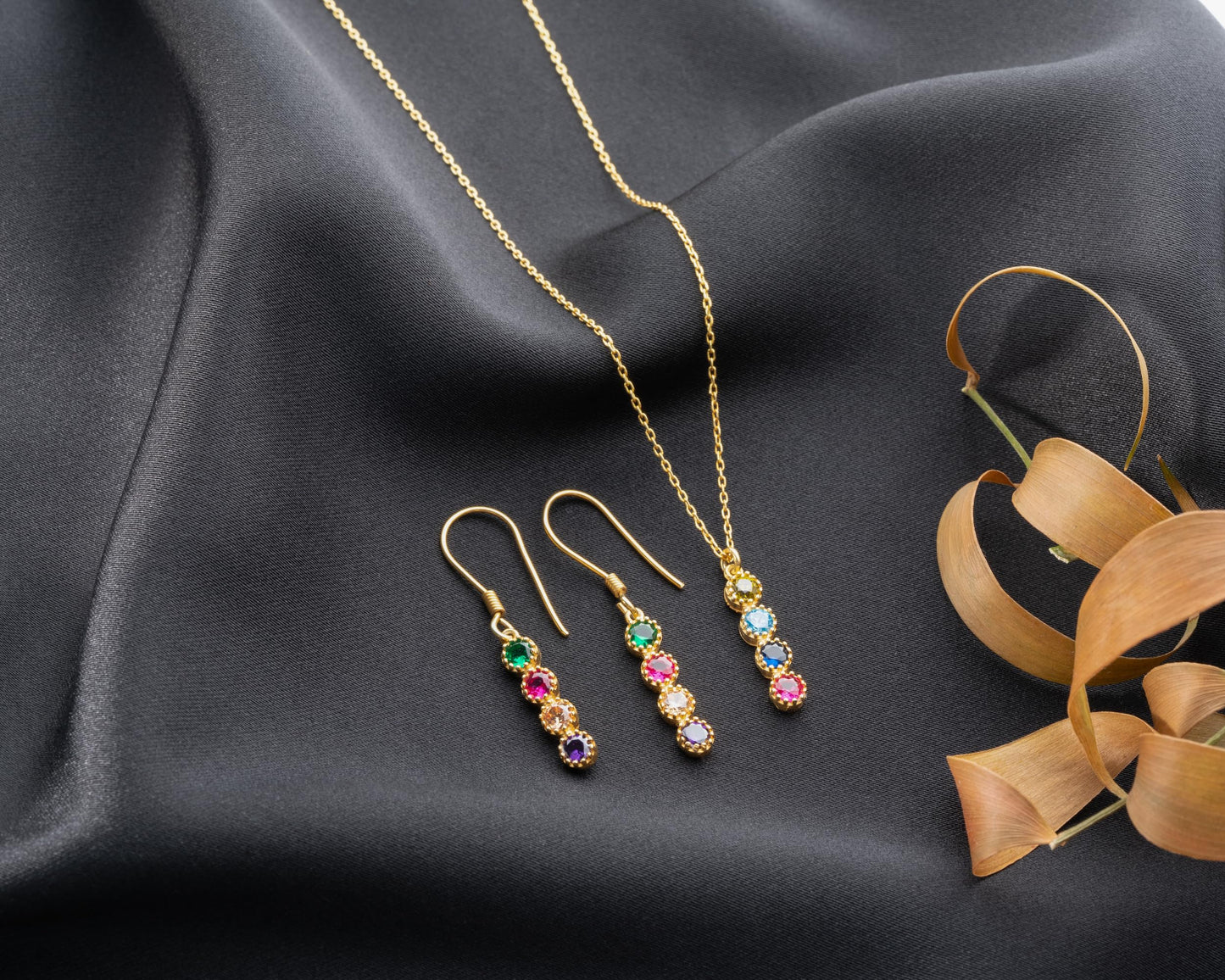 Personalized Necklace and Earring Set with Birthstones for Women, 925 Sterling Silver