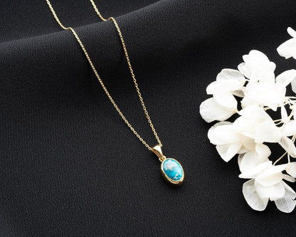Minimalist Blue Stone Turquoise Dainty Gold Plated Necklace for Women, 925 Sterling Silver