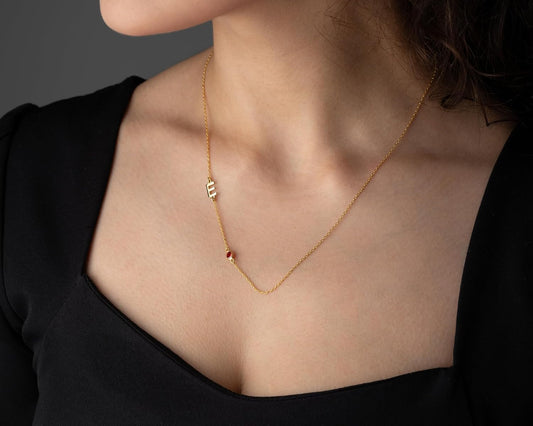 Initial Necklace with Birthstone, Letter Necklace Initial Birthstone