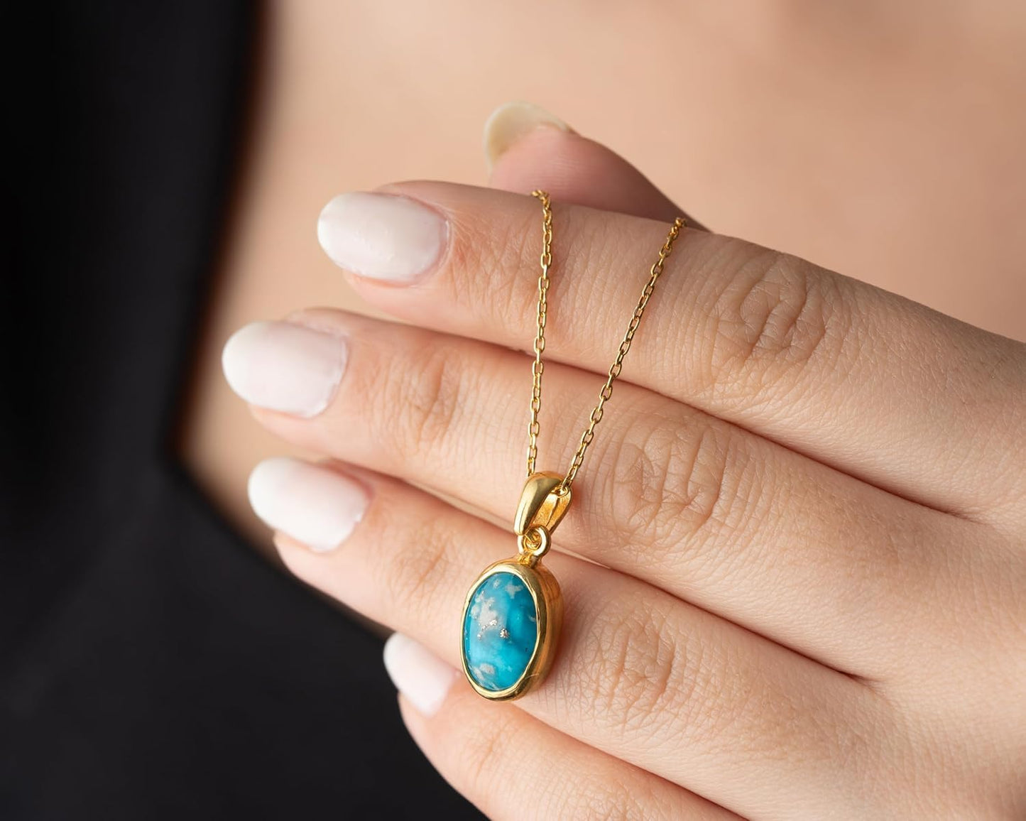 Minimalist Blue Stone Turquoise Dainty Gold Plated Necklace for Women, 925 Sterling Silver