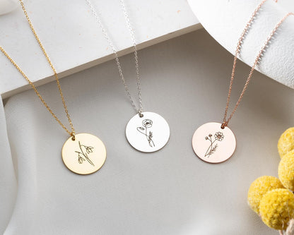 Custom Birth Flower Name Necklace with Birthstone, Birthflower Disc Necklace