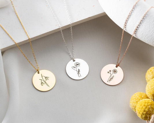 Custom Birth Flower Name Necklace with Birthstone, Birthflower Disc Necklace