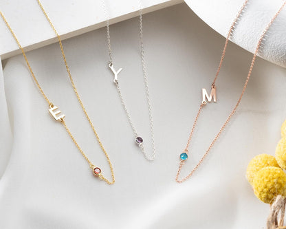 Initial Necklace with Birthstone, Letter Necklace Initial Birthstone