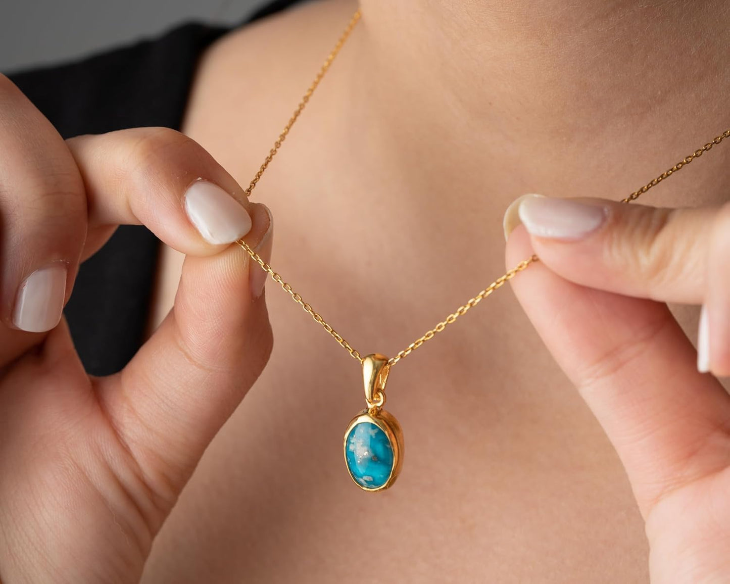 Minimalist Blue Stone Turquoise Dainty Gold Plated Necklace for Women, 925 Sterling Silver