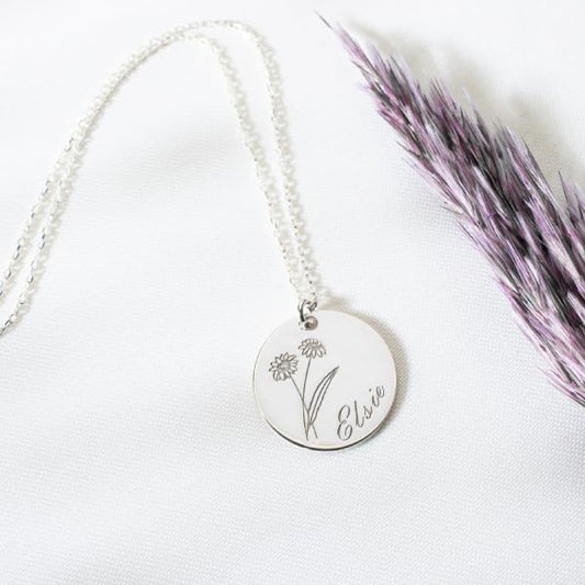 Custom Birth Flower Name Necklace with Birthstone, Birthflower Disc Necklace